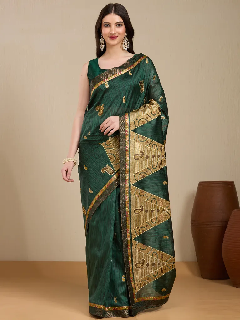 [VC26-EKA-D99-29] Vervee Couture Bottle Green Silk Saree with Semi-Stitched Blouse | Eka