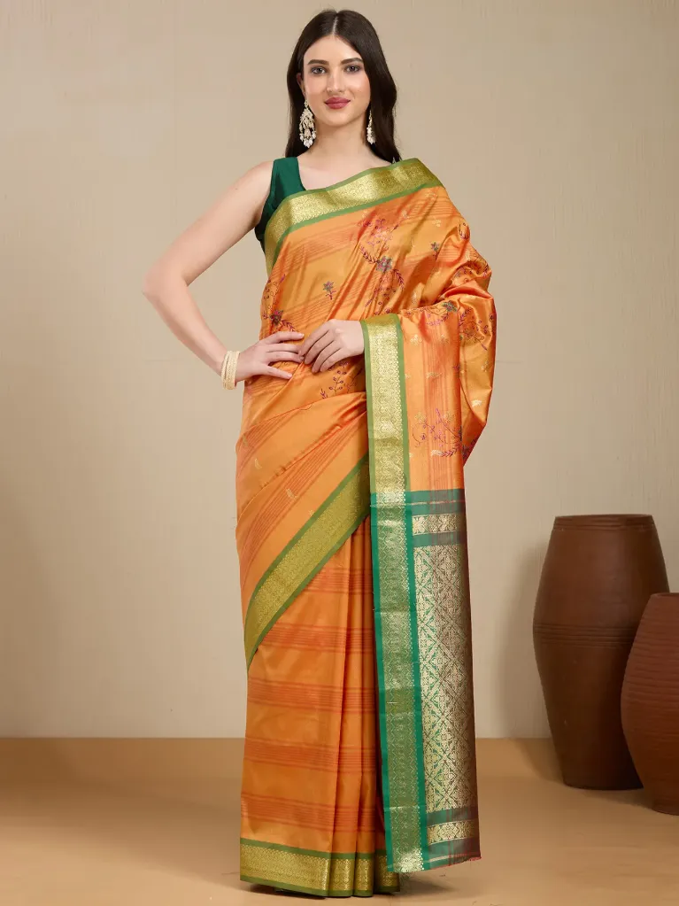 [VC26-EKA-D99-104] Vervee Couture Mustard Orange Silk Saree with Semi-Stitched Blouse | Eka