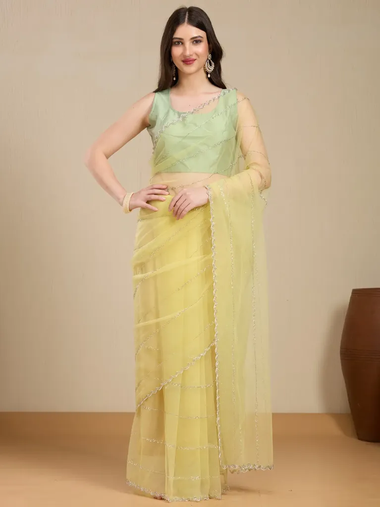 [VC26-EKA-D99-133] Vervee Couture Pastel Yellow Net Saree with Semi-Stitched Blouse | Eka