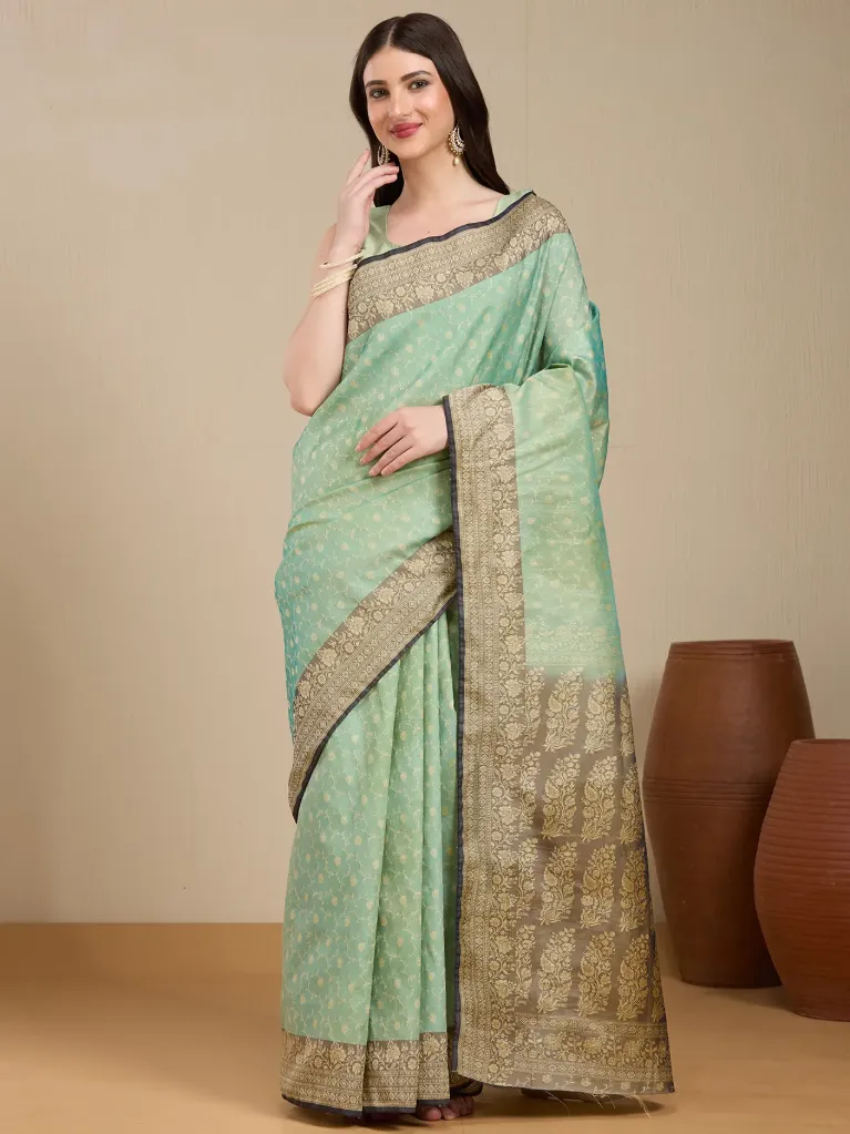 [VC26-EKA-D99-94] Vervee Couture Mint Green Banarasi Saree with Semi-Stitched Blouse | Eka