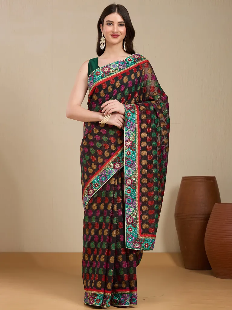 Vervee Couture Black Multicolour Floral Print Saree with Semi-Stitched Blouse