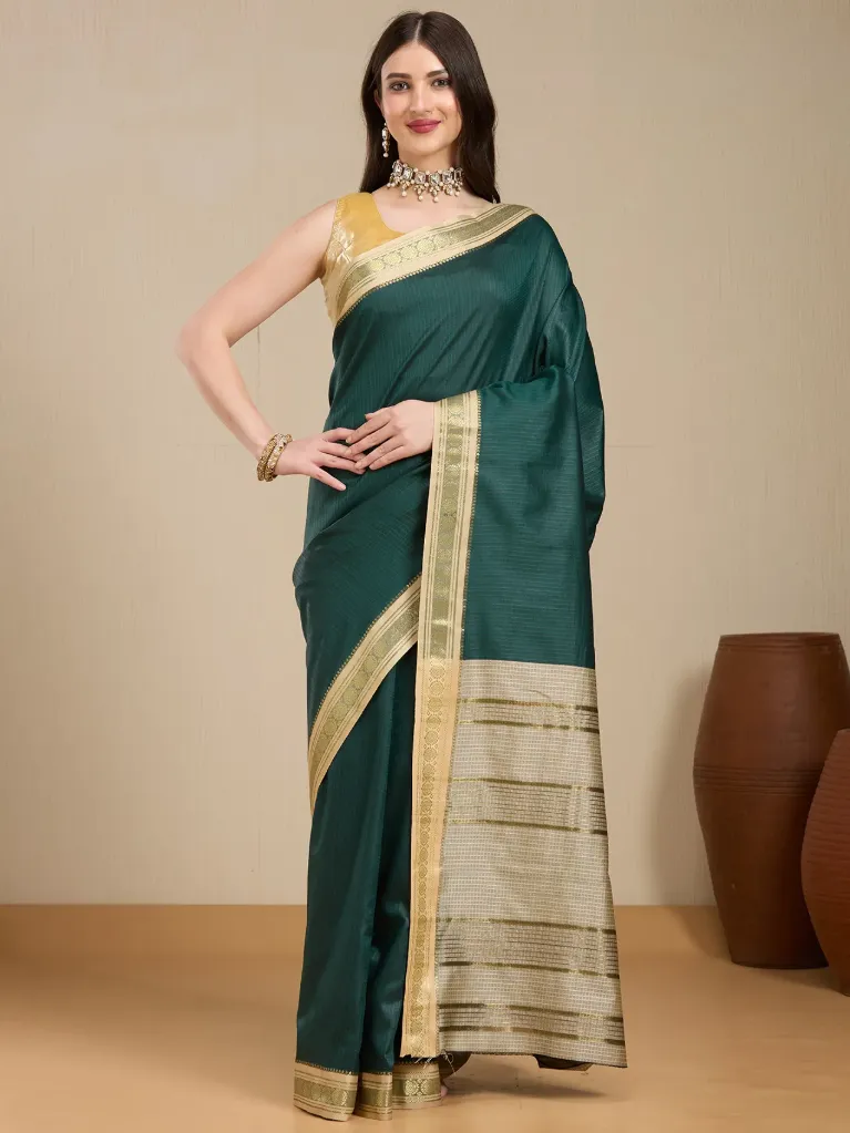 [VC26-EKA-D99-72] Vervee Couture Emerald Green Silk Saree with Semi-Stitched Blouse | Eka