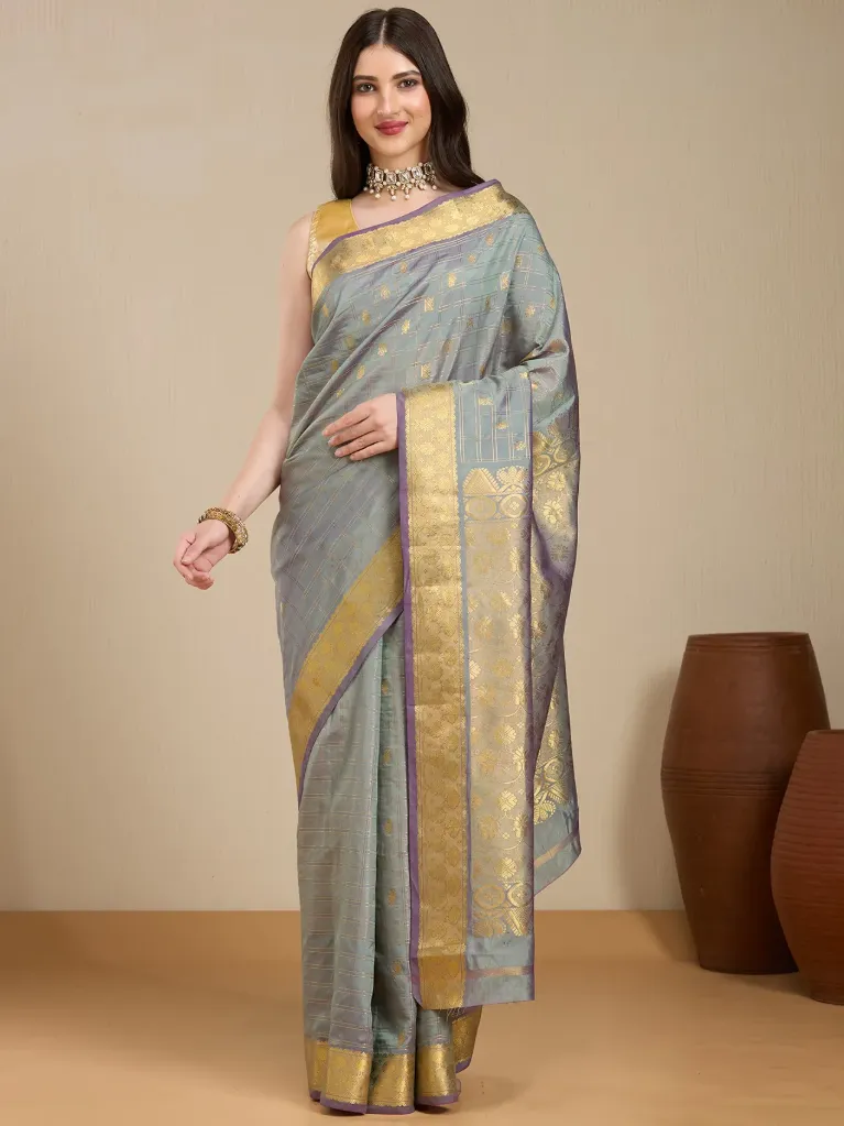 [VC26-EKA-D99-208] Vervee Couture Steel Grey Silk Saree with Semi-Stitched Blouse | Eka
