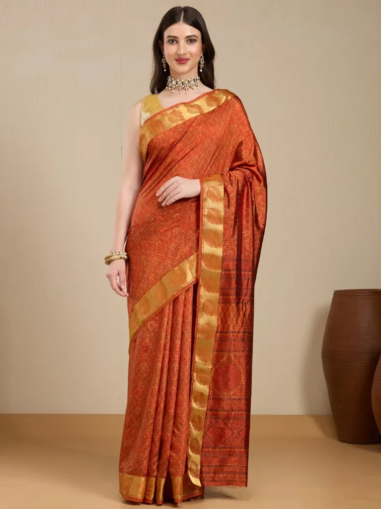 [VC26-EKA-D99-187] Vervee Couture Rust Orange Banarasi Silk Saree with Semi-Stitched Blouse | Eka