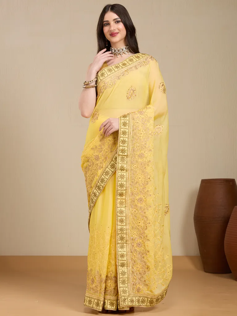 [VC26-EKA-D99-132] Vervee Couture Pastel Yellow Georgette Saree with Semi-Stitched Blouse | Eka