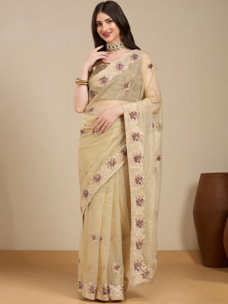 [VC26-EKA-D99-54] Vervee Couture Cream Organza Saree with Semi-Stitched Blouse Piece | Eka