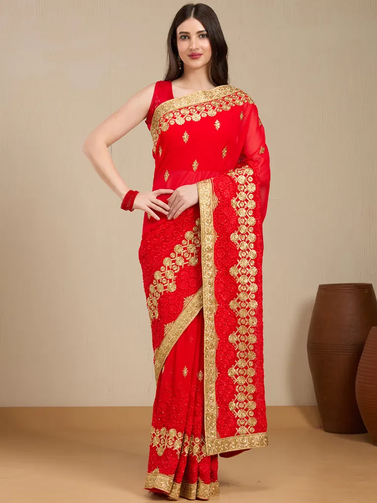 [VC26-EKA-D99-162] Vervee Couture Red Georgette Saree with Semi-Stitched Blouse | Eka