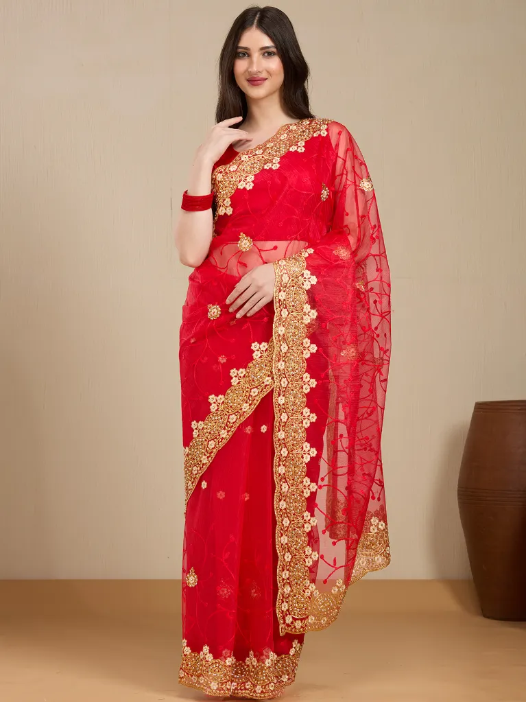 [VC26-EKA-D99-165] Vervee Couture Red Net Saree with Semi-Stitched Blouse | Eka