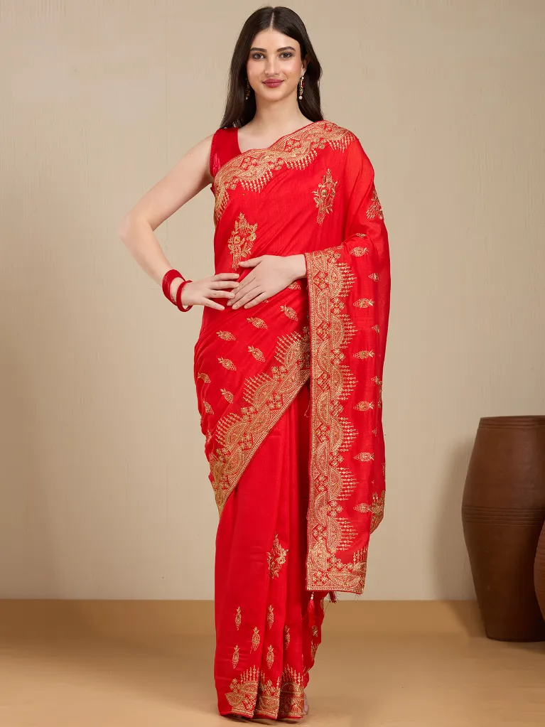 [VC26-EKA-D99-159] Vervee Couture Red Georgette Saree with Semi-Stitched Blouse | Eka