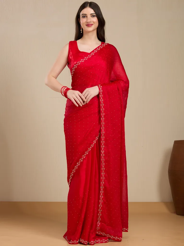 Vervee Couture Red Georgette Saree with Semi-Stitched Blouse (copy)