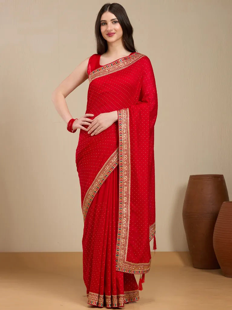 Vervee Couture Classic Red Georgette Saree