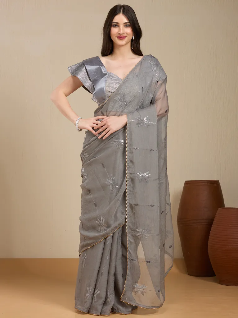 Vervee Couture Smoke Grey Organza Saree with Semi-Stitched Blouse