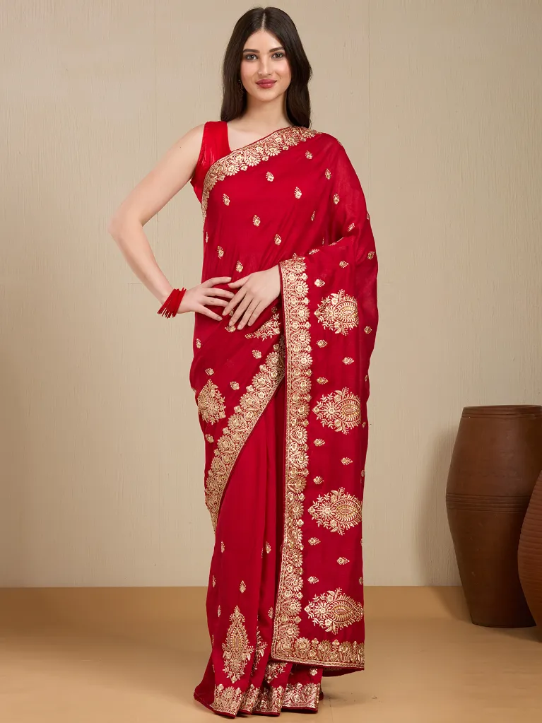 [VC26-EKA-D99-161] Vervee Couture Red Georgette Saree with Semi-Stitched Blouse | Eka