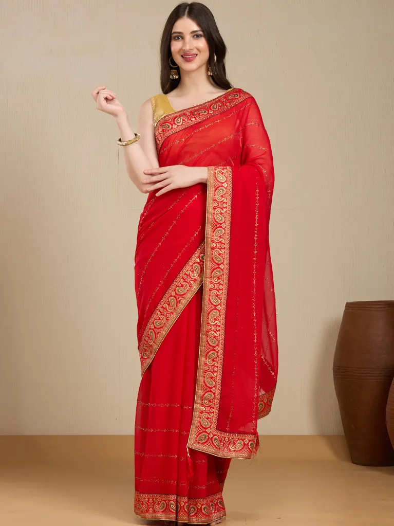 Vervee Couture Red Georgette Saree