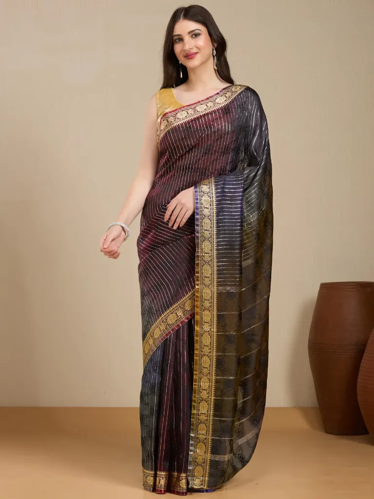 Vervee Couture Wine Silk  Blend Saree with Semi-Stitched Blouse