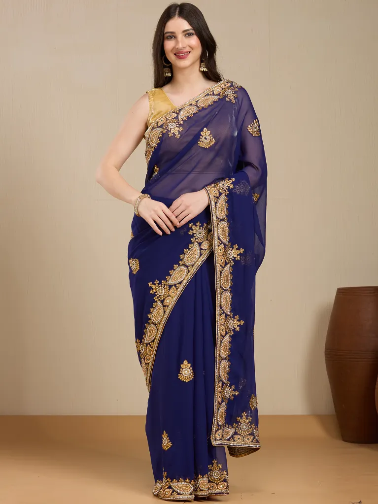 Vervee Couture Royal Blue Georgette Saree with Semi-Stitched Blouse