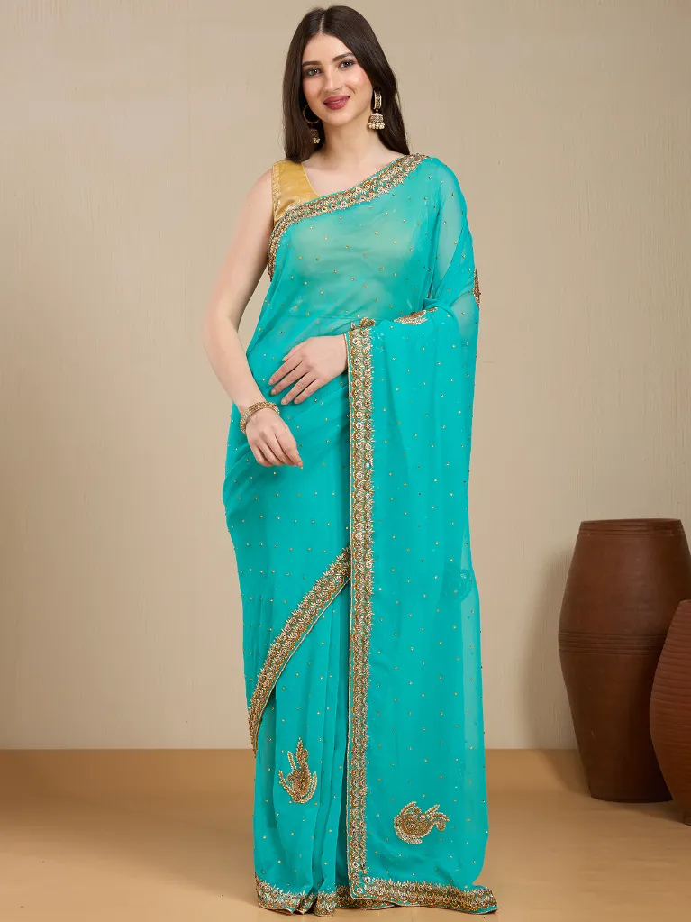 [VC26-EKA-D99-223] Vervee Couture Turquoise Blue Georgette Saree | Eka