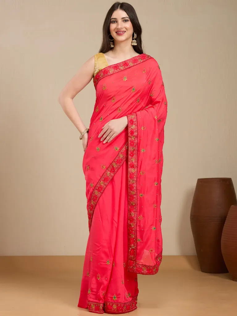 [VC26-EKA-D99-151] Vervee Couture Rani Pink Georgette Saree with Semi-Stitched Blouse | Eka