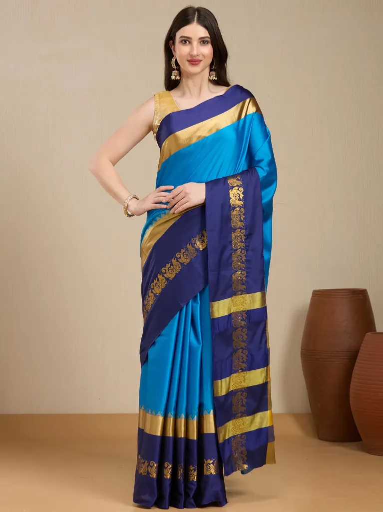 Vervee Couture Royal Blue Silk Blend Saree with Semi-Stitched Blouse