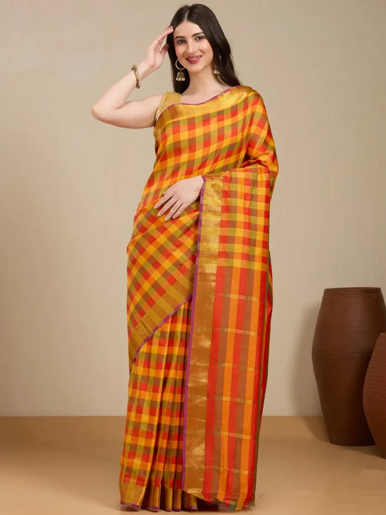 [VC26-EKA-D99-99] Vervee Couture Multicolour Checked Silk Saree with Semi-Stitched Blouse | Eka