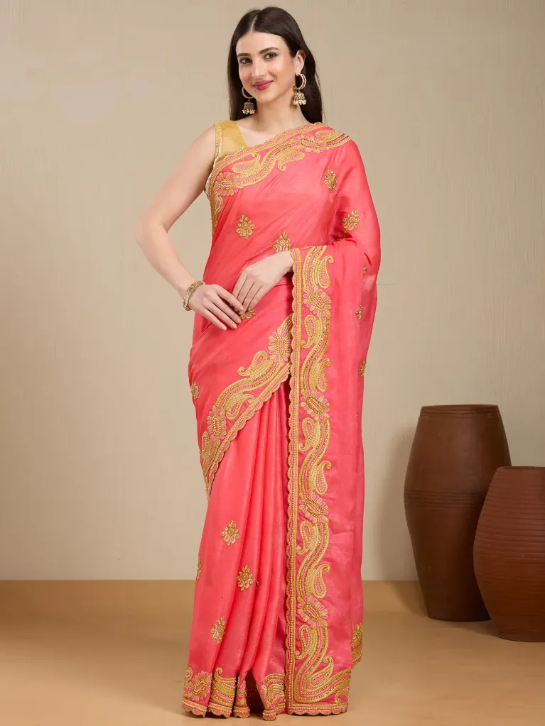 [VC26-EKA-D99-50] Vervee Couture Coral Pink Georgette Saree with Semi-Stitched Blouse Piece | Eka