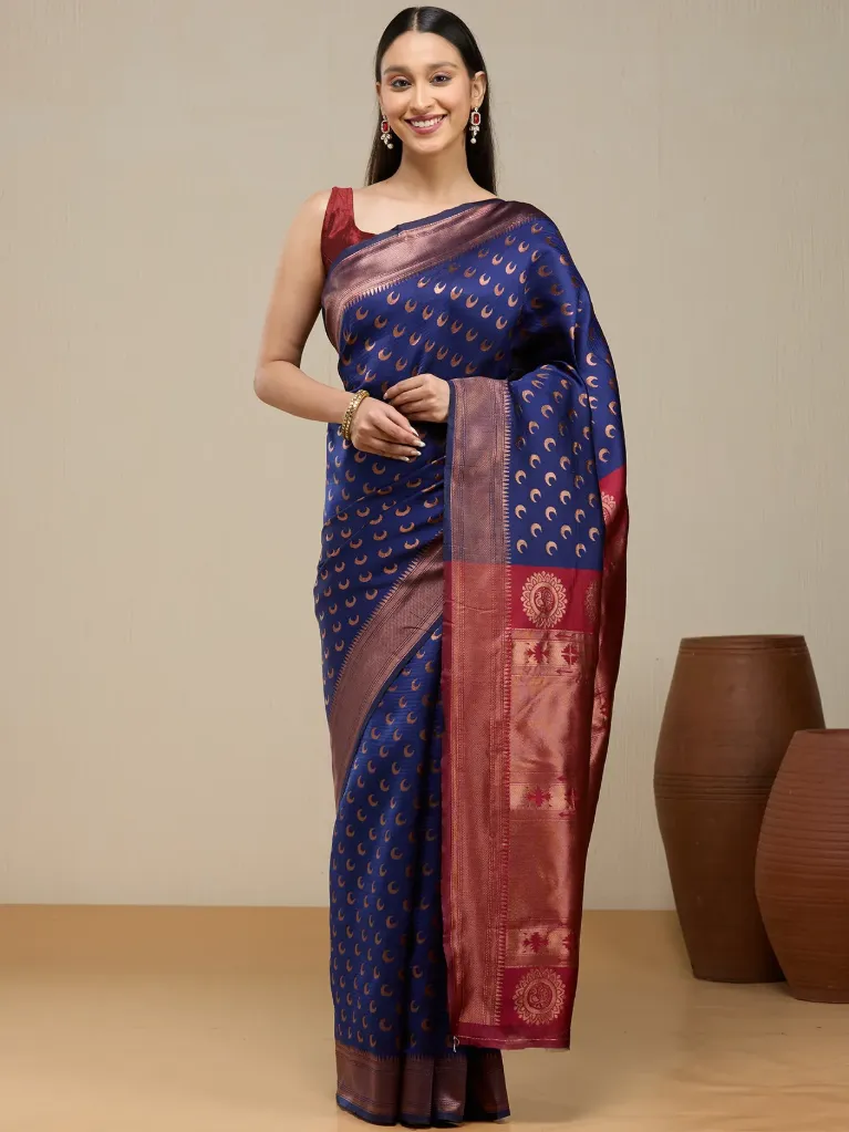 Vervee Couture Navy Blue Banarasi Silk Saree