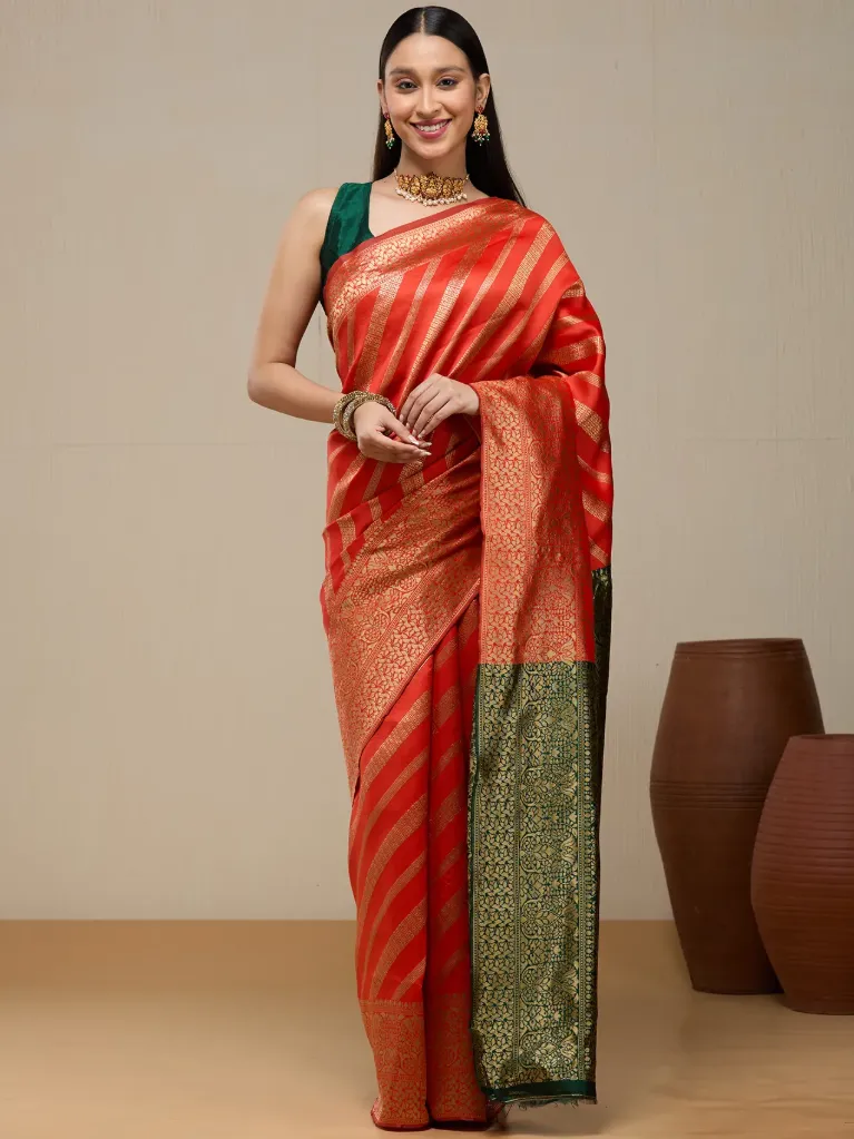 Vervee Couture Red Banarasi Silk Saree