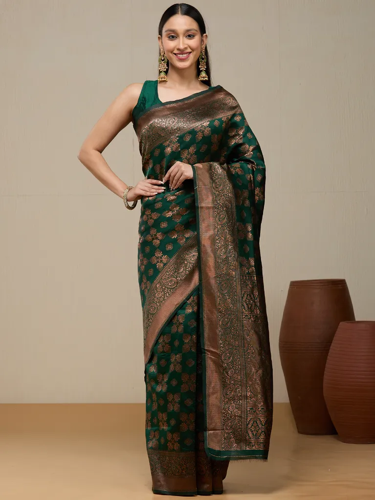 Vervee Couture Bottle Green Banarasi Silk Saree