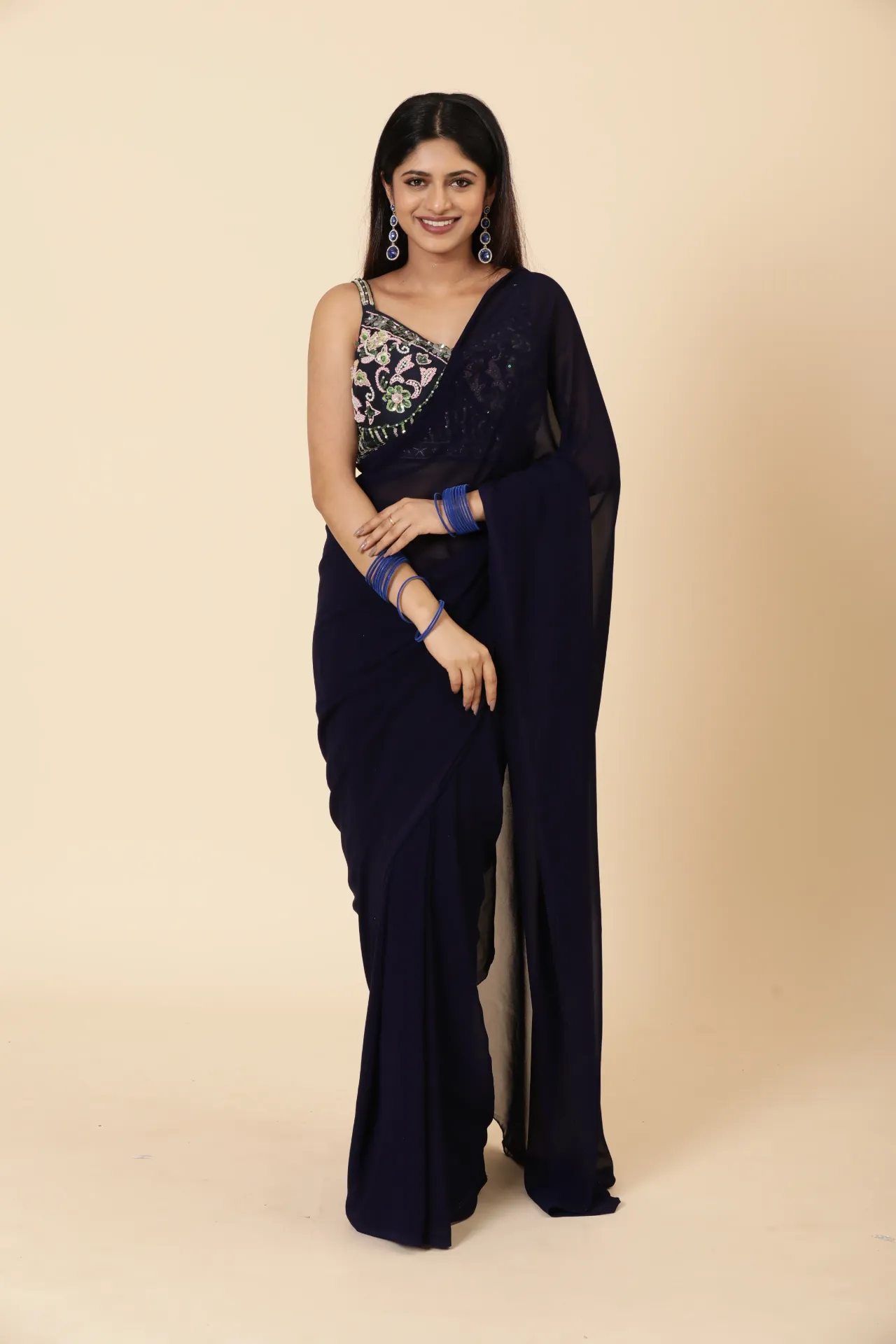 Vervee Couture Navy Blue Saree with Designer Blouse