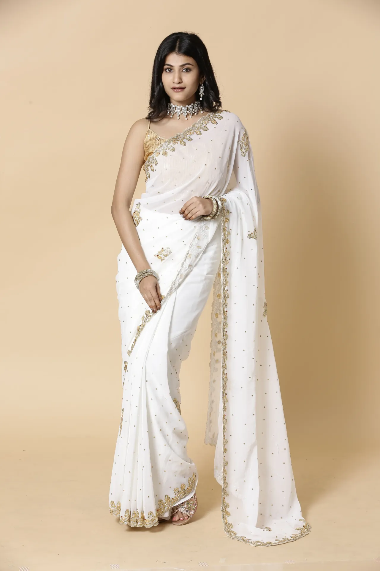 [VC26-IKAT-D03-01] Vervee Couture White Georgette Saree | Ikat