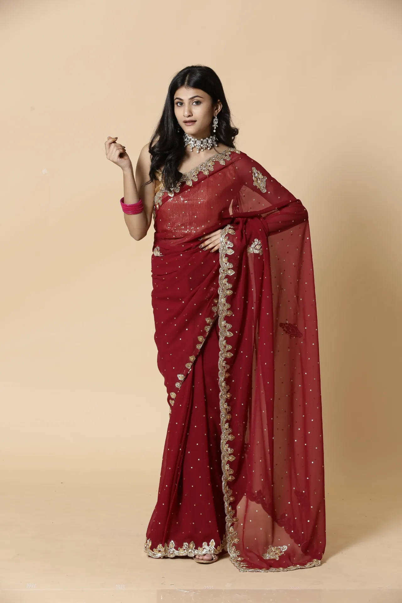 [VC26-IKAT-D03-02] Vervee Couture Barn Red Georgette Saree | Ikat