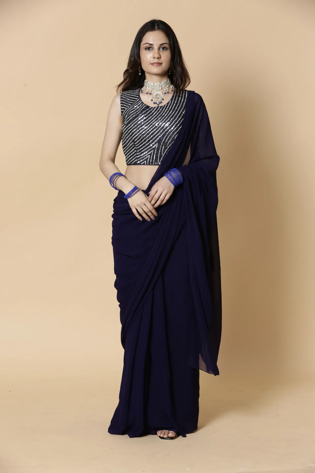 [VC26-AAKRITI-D100-49] Vervee Couture Navy Blue Designer Saree | Aakriti