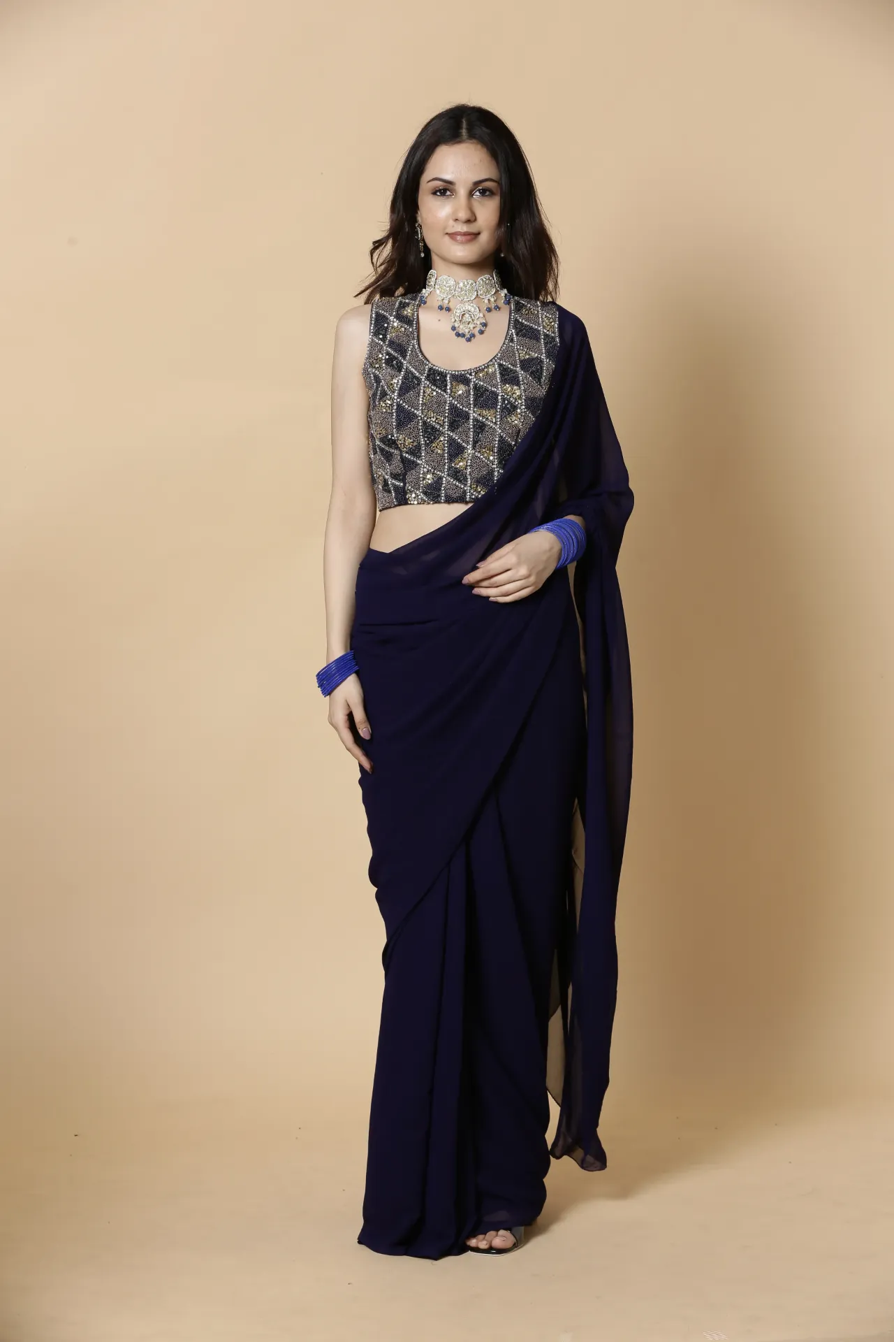 [VC26-AAKRITI-D100-48] Vervee Couture Navy Blue Designer Saree | Aakriti