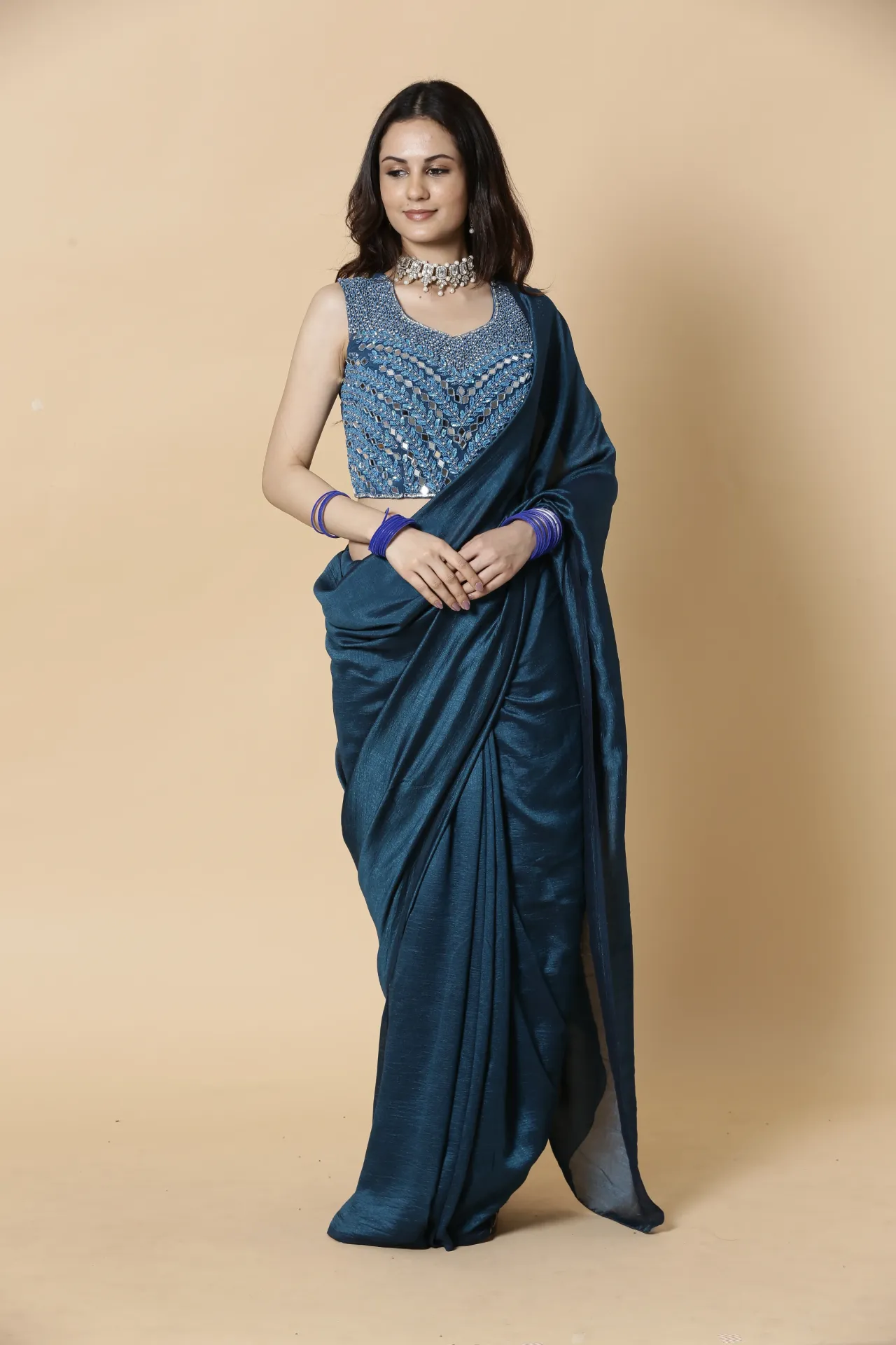 Vervee Couture Teal Blue Ready-to-Wear Designer Saree | Aakriti