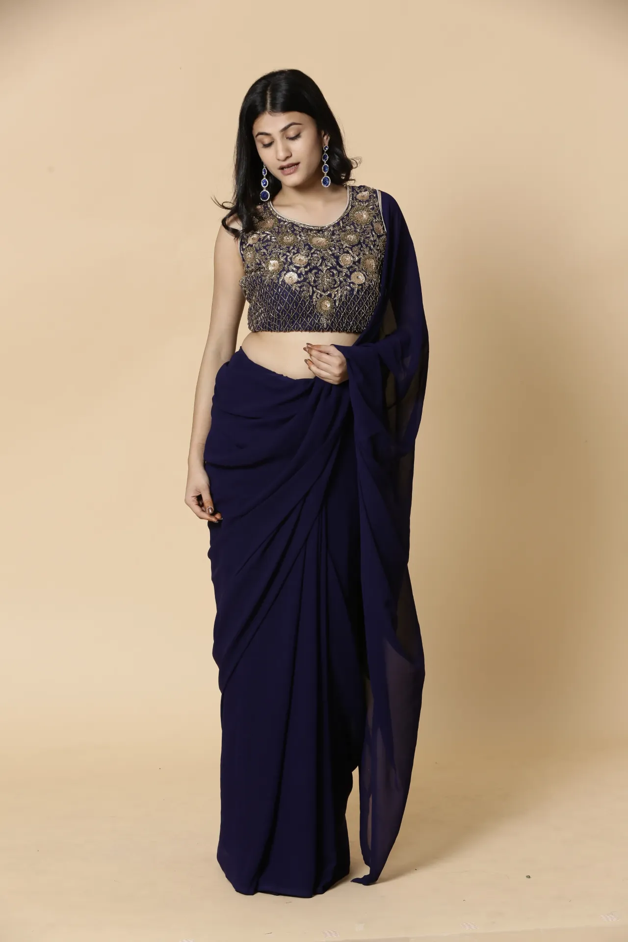[VC26-AAKRITI-D100-50] Vervee Couture Navy Blue Designer Saree | Aakriti