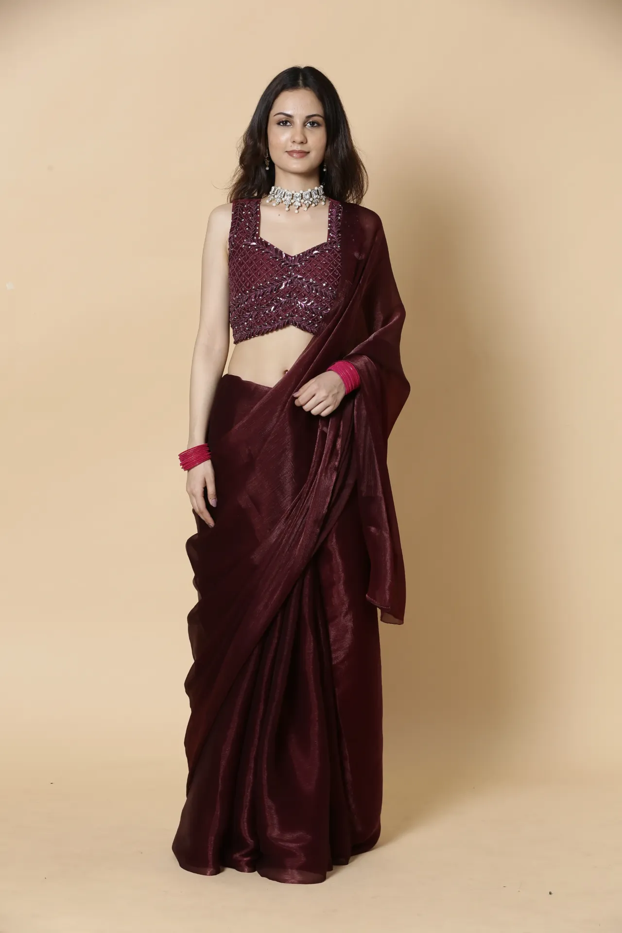 Vervee Couture Deep Blackened Maroon Designer Saree | Aakriti