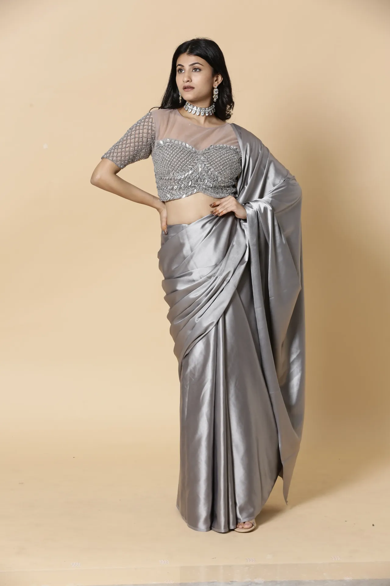 Vervee Couture Grey Ready-to-Wear Designer Saree