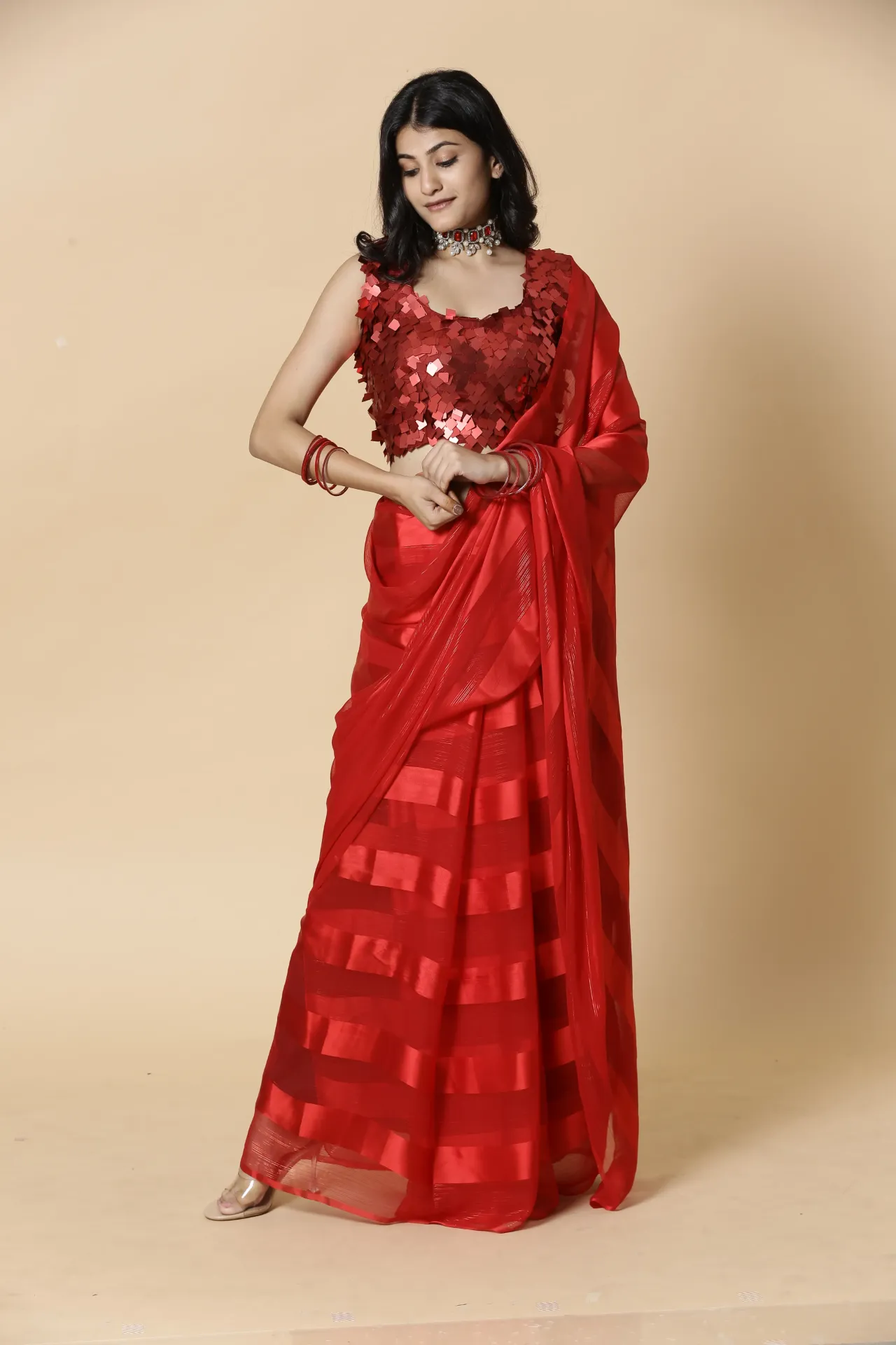 Vervee Couture Classic Crimson Red Designer Saree | Aakriti