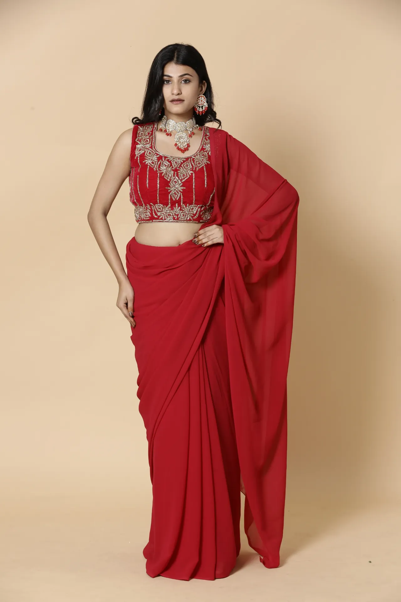 Vervee Couture Classic Crimson Red Designer Saree | Aakriti