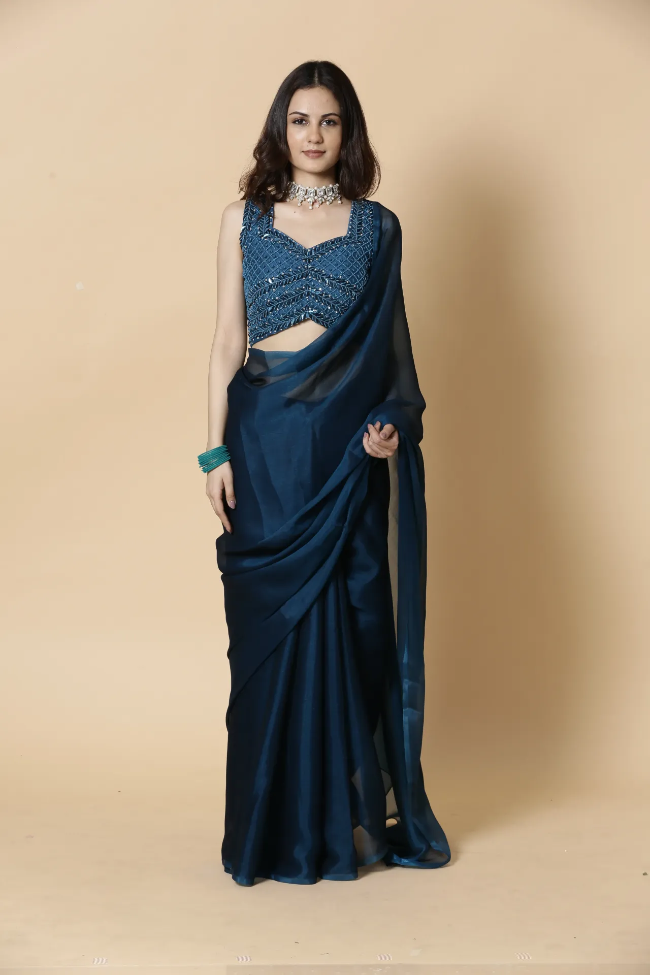 Vervee Couture Teal Blue Ready-to-Wear Designer Saree