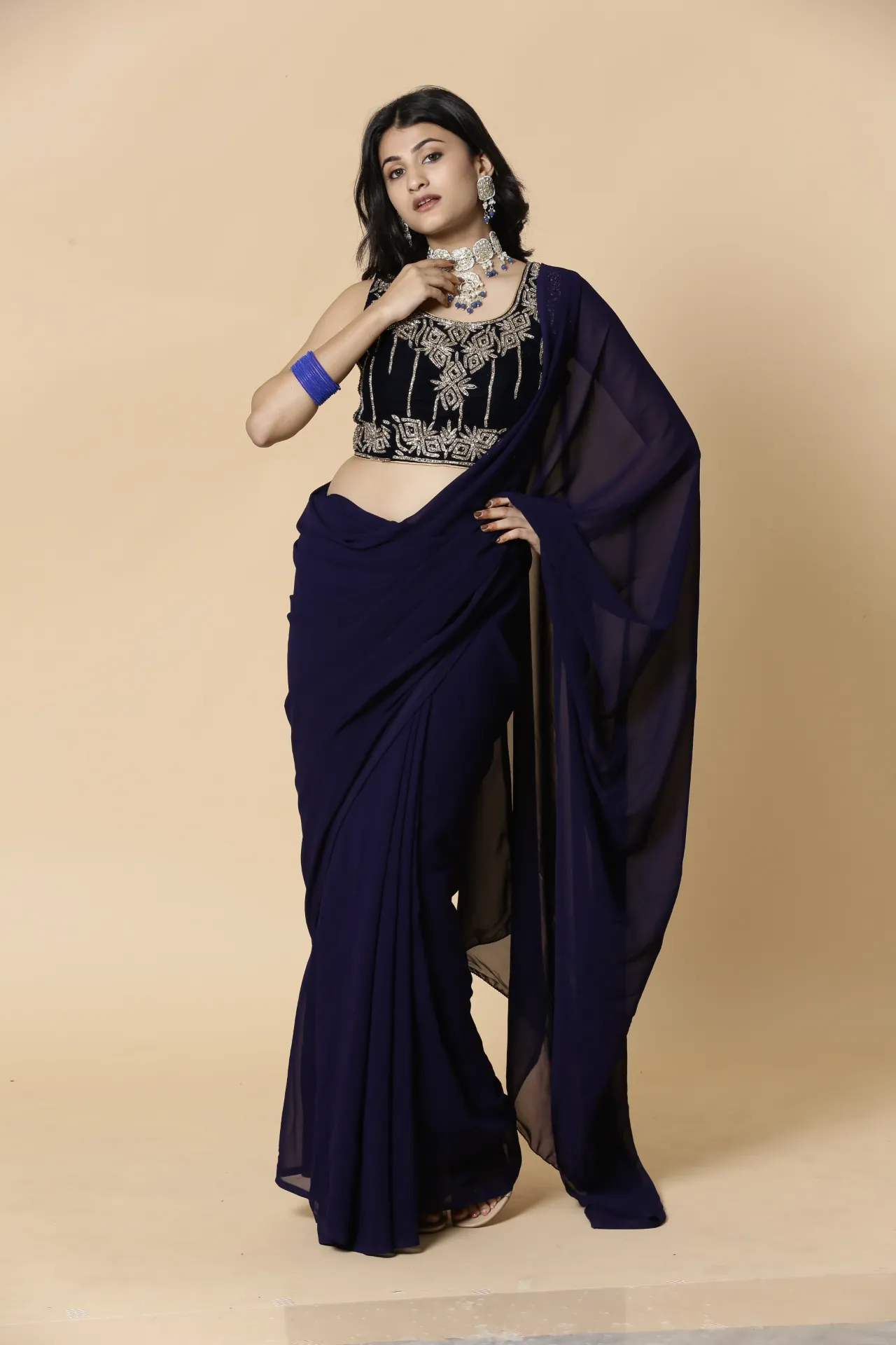 [VC26-AAKRITI-D100-47] Vervee Couture Navy Blue Designer Saree | Aakriti