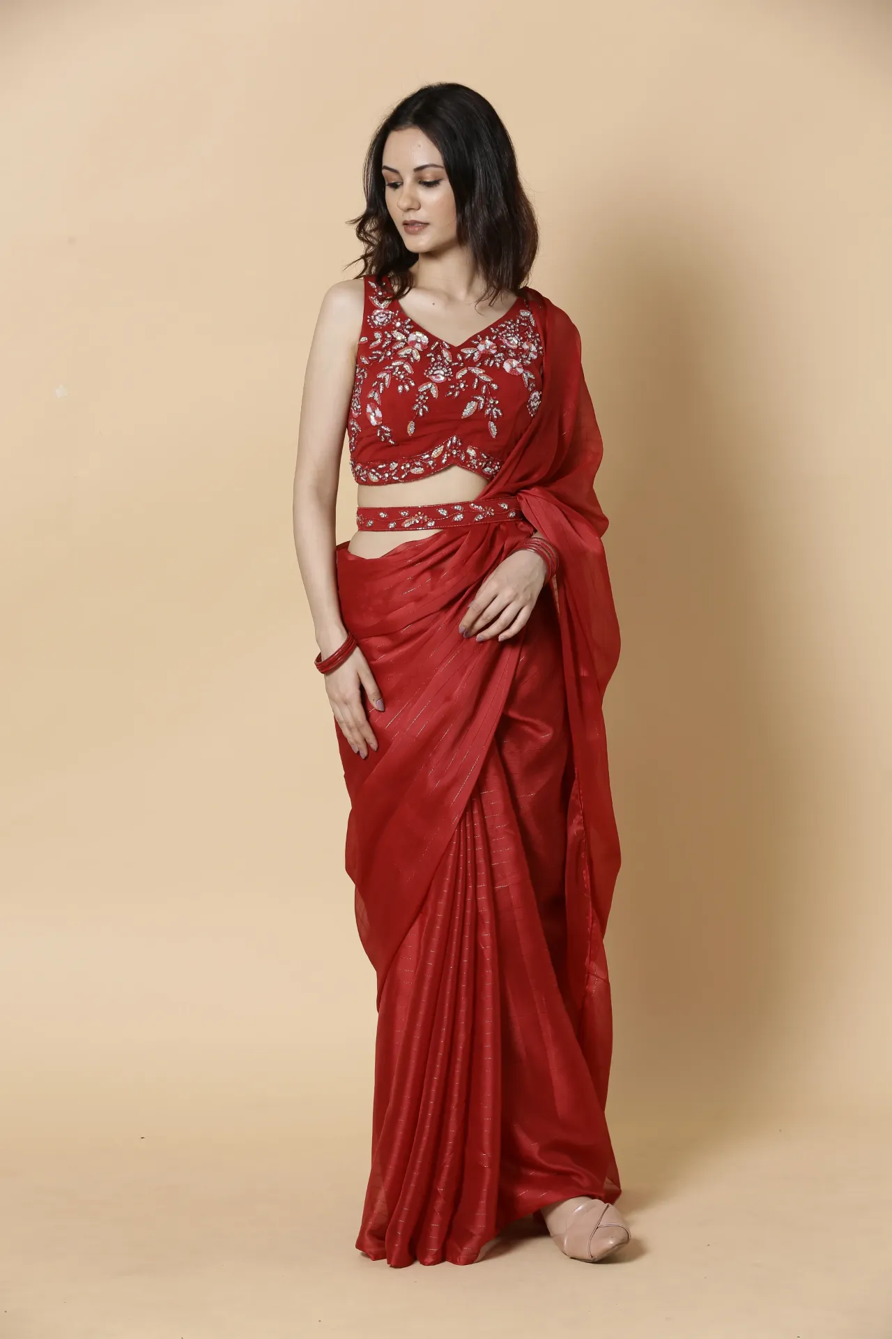 Vervee Couture Red Ready-to-Wear Designer Saree