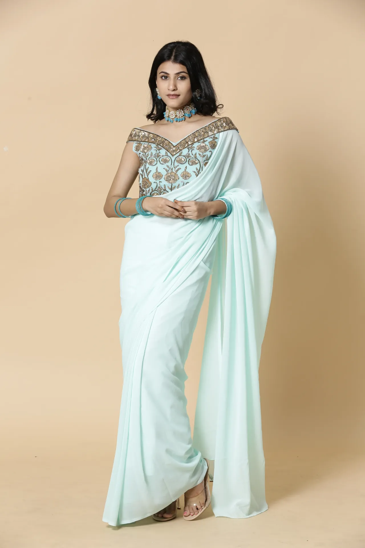 [VC26-AAKRITI-D100-76] Vervee Couture Sky Blue Designer Saree | Aakriti