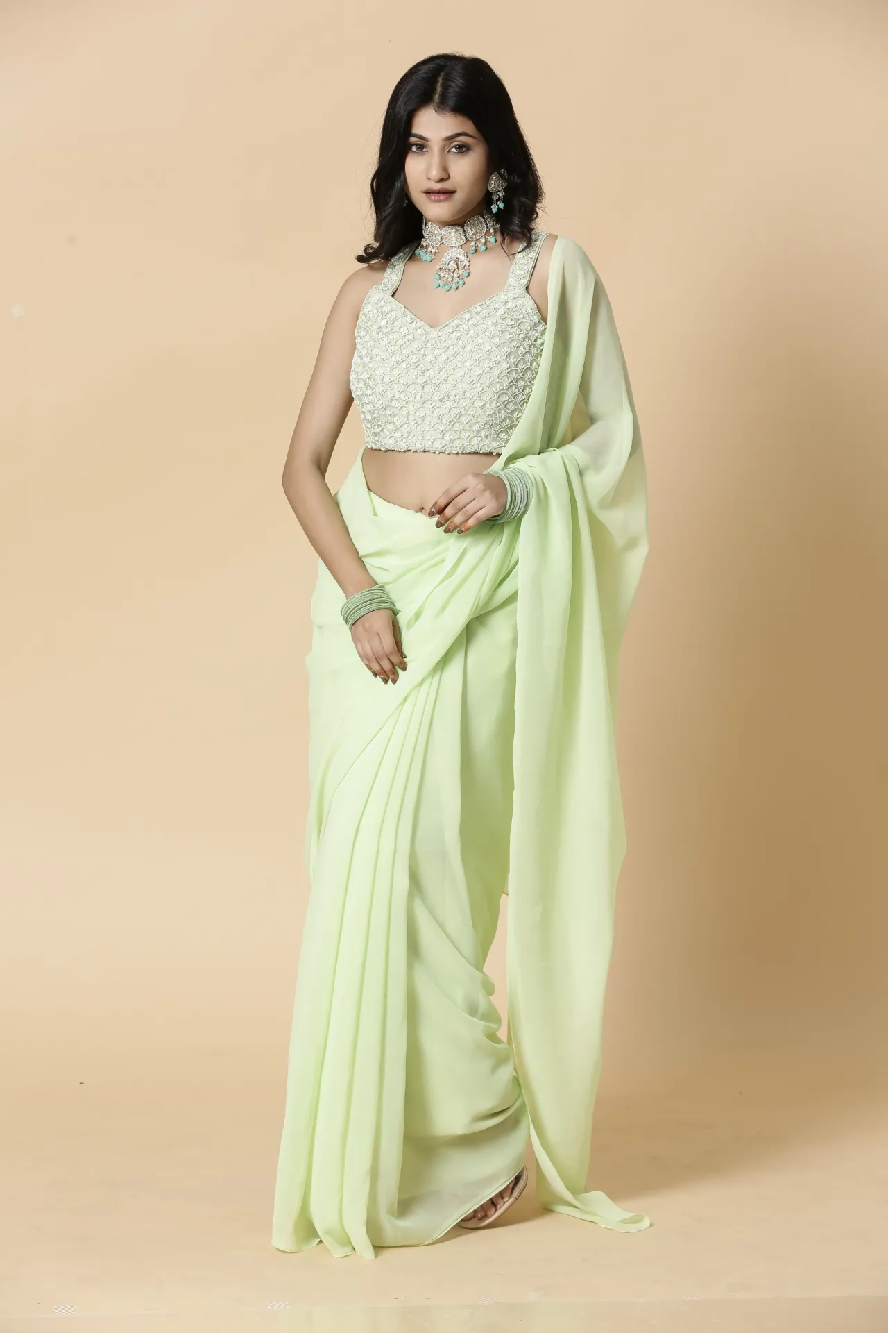 Vervee Couture Light Pastel Green Ready-to-Wear Designer Saree