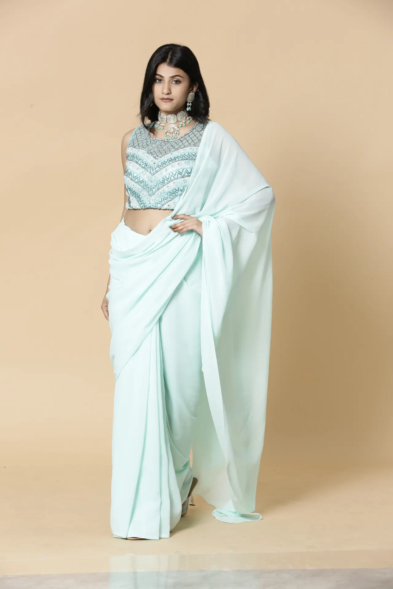 Vervee Couture Sky Blue Ready-to-Wear Designer Saree