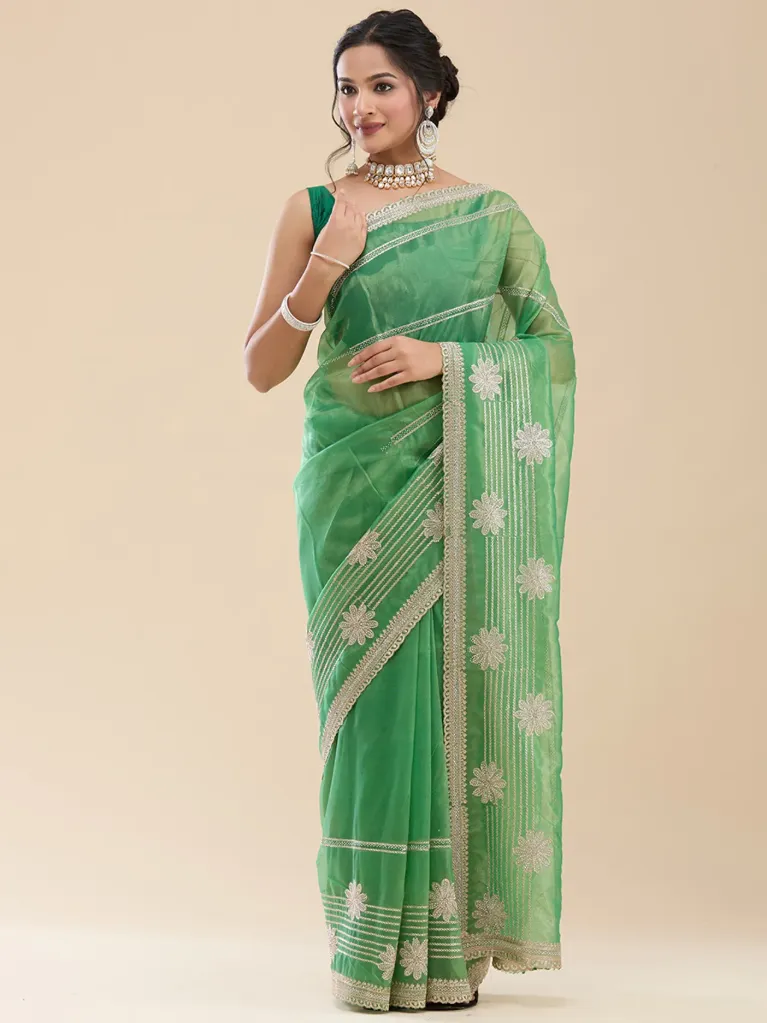 [VC26-KUSUM-D31-04] Vervee Couture Leaf Green Net Saree | Kusum
