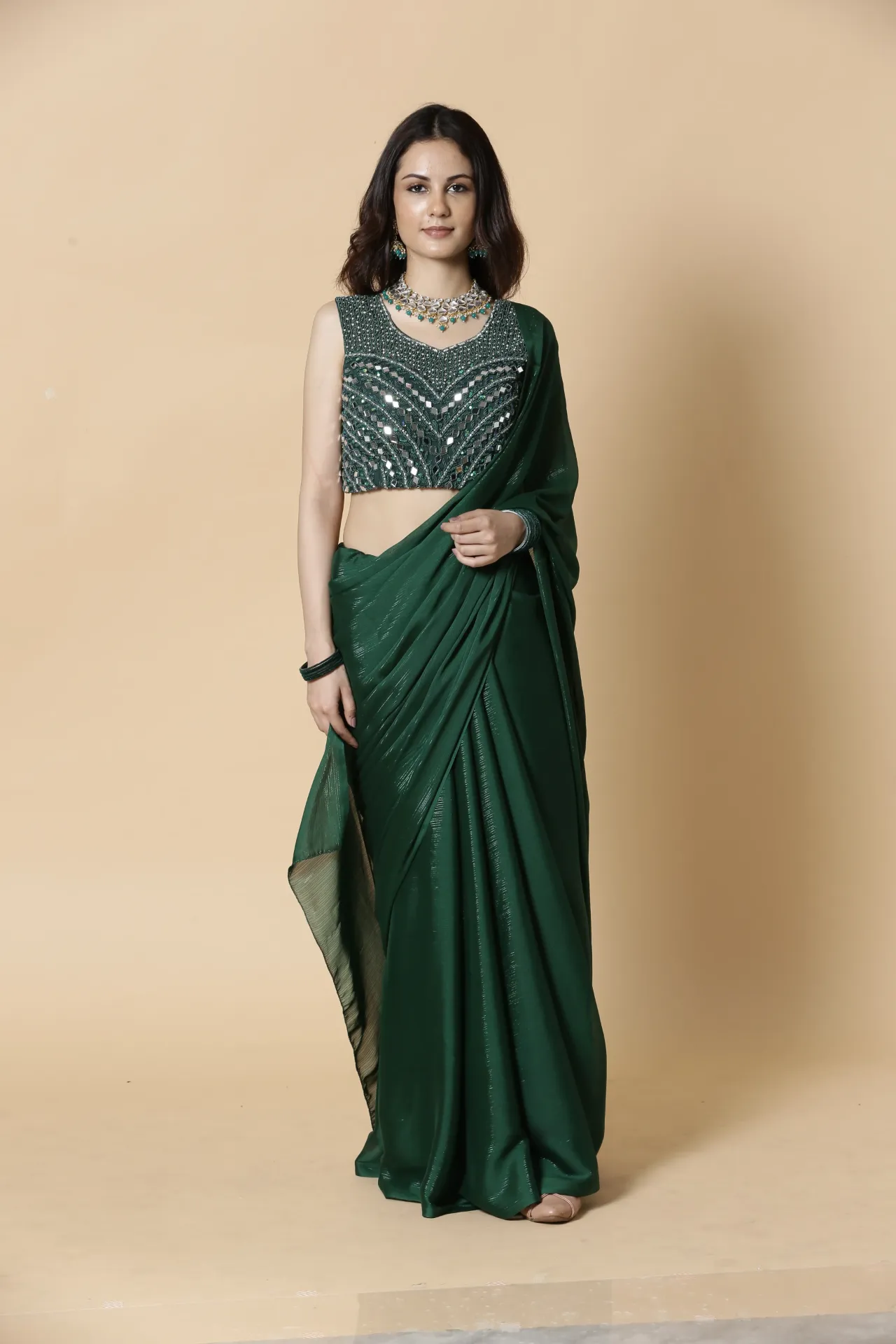 [VC26-AAKRITI-D100-0] Vervee Couture Bottle Green Designer Wear Saree | Aakriti