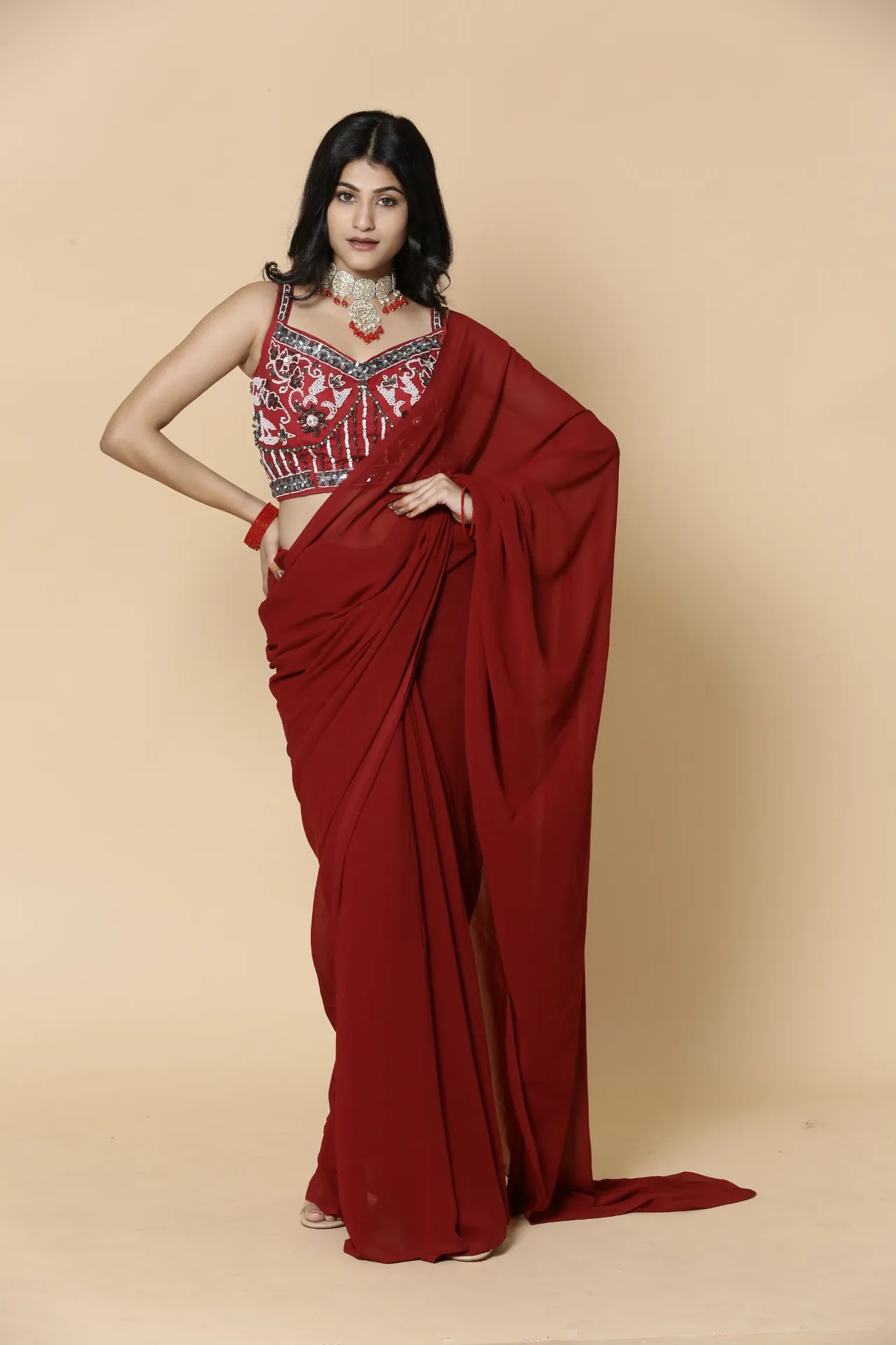 Vervee Couture Deep Barn Red Designer Saree | Aakriti
