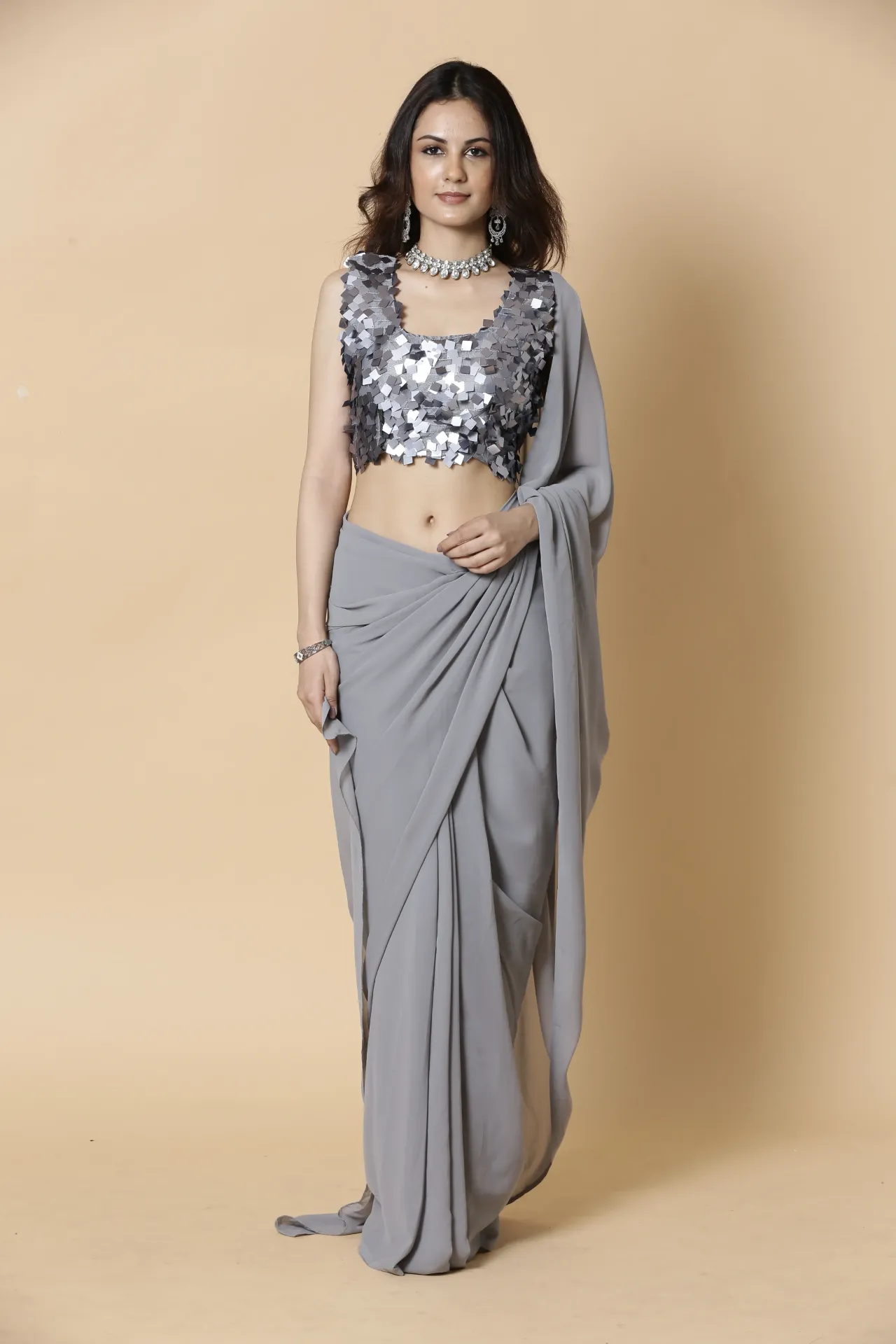 Vervee Couture Soft Stone Grey Designer Saree | Aakriti