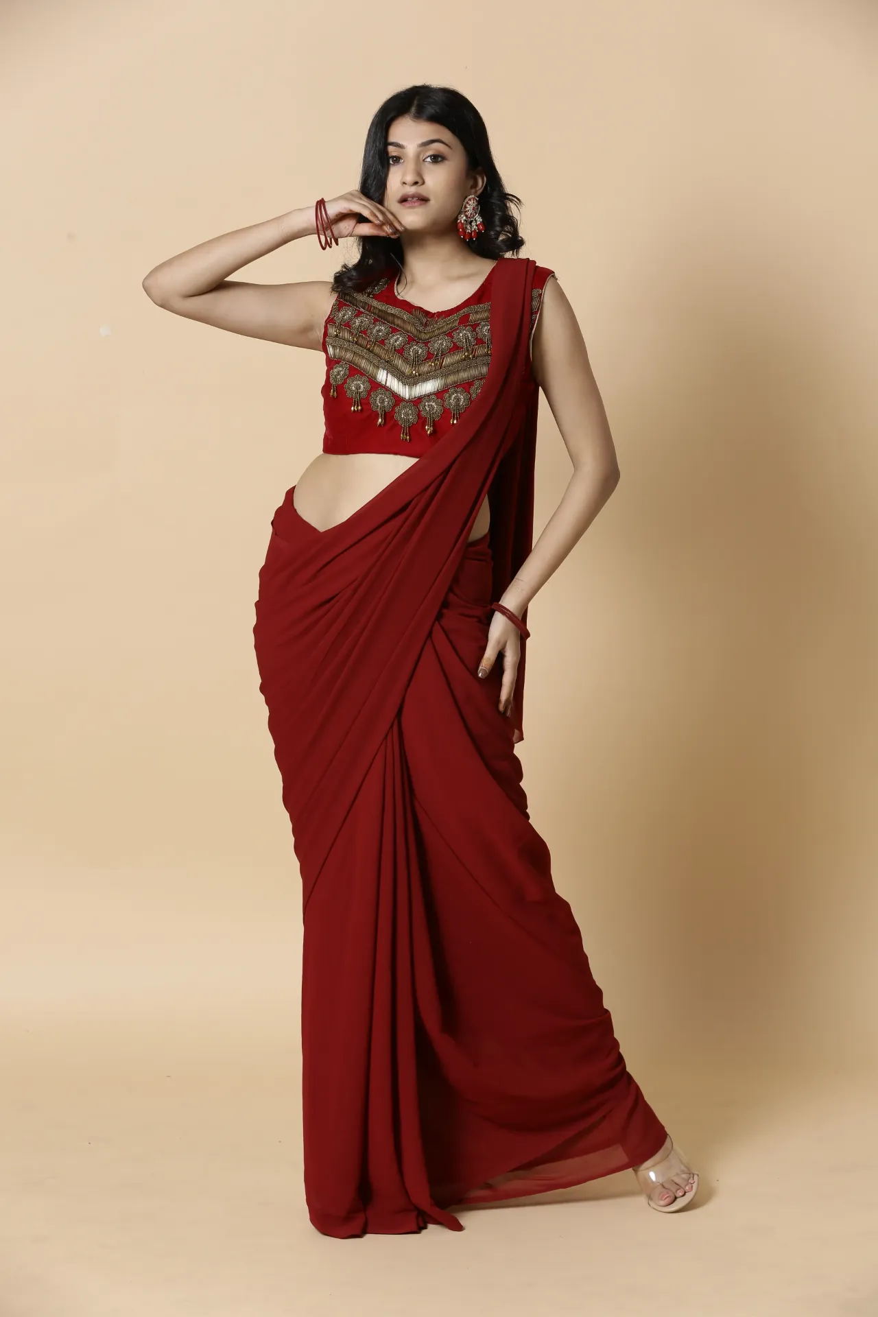 Vervee Couture Deep Barn Red Designer Saree | Aakriti